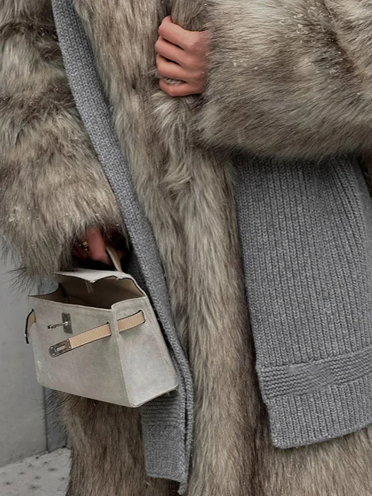 معطف نسائي أنيق متدرج من الفرو أنيق بأكمام طويلة معطف طويل دافئ 2024 ملابس خارجية شتوية للسيدات عالية الشارع فروي