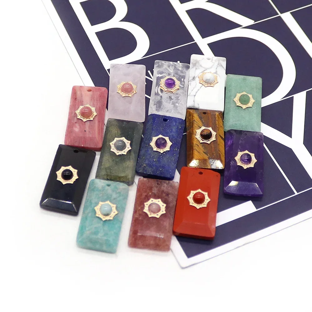 Versatile Exquisite Natural Stone Pendant Polished Square Plate Crystal Red Stone Inlaid Sunflower Decals Single Hole Accessory