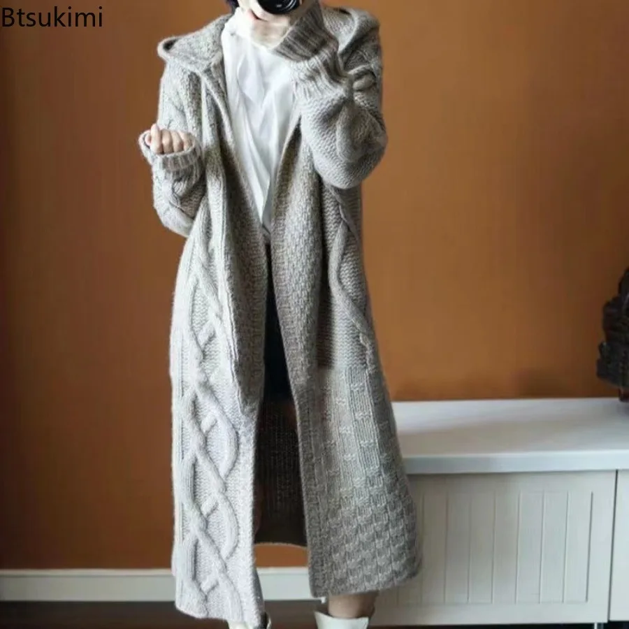 

Autumn Winter New Women Cardigan Sweater Hooded Knitted Coats Solid Color Jacquard Long Sleeve Loose Fashion Long Cardigans