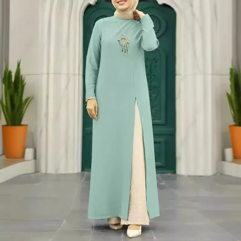 Ramadan Eid Ice Silk Abaya Dubai Islam Muslim Dress Women Long Sleeves High Slit African Dresses for Women Robe Musulmane Femme