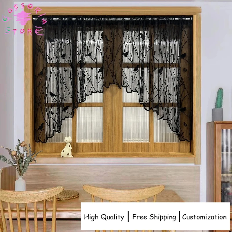 

Sample Custom Country Bird Embroidery Lace Short Curtain Valance for Kitchen Dining Room Small Window Half Rod Pocket Top Decor