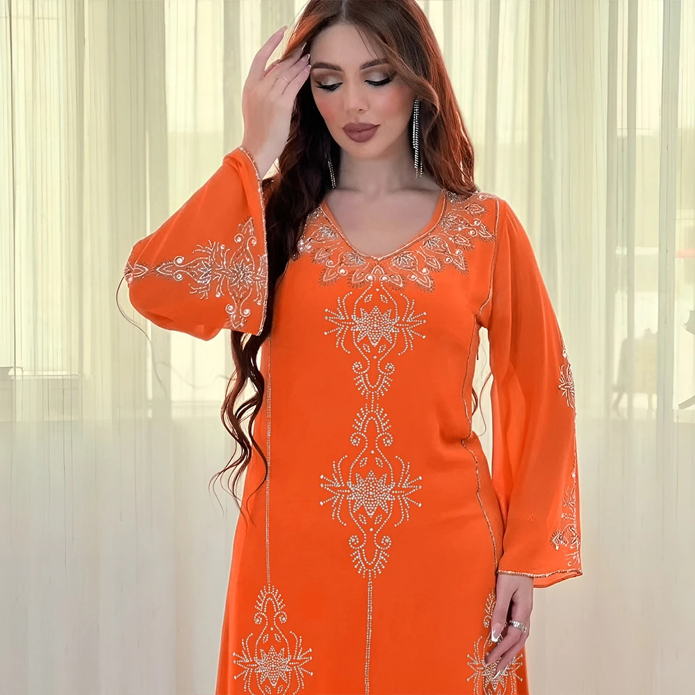 Eid Morocco Party Dress for Women Muslim Abaya Diamond Ramadan Chiffon Dubai Abayas Kaftan Robe Vestidos Turkey Robes Gown 2024