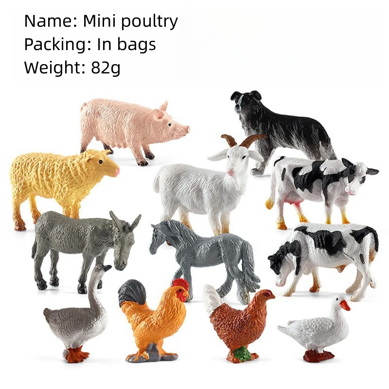 A Set of 12 Mini Poultry Small Animal Toys Solid Farm Decoration Simulation Chicken Duck Goose Cow Horse Sheep Model Kid\'s Toy