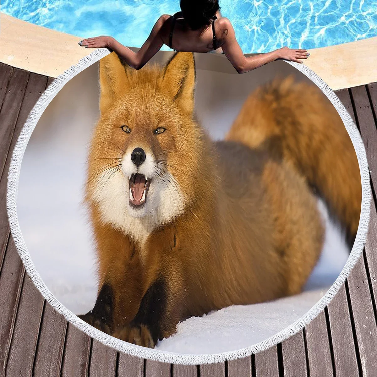 Kawaii الثعلب منشفة الشاطئ المستديرة ، بطانية شاطئ مطبوعة على شكل حيوانات برية ، لينة الغابات الحيوان تحت عنوان ريفي الثعلب طباعة بركة منشفة سجادة للرحلات #6