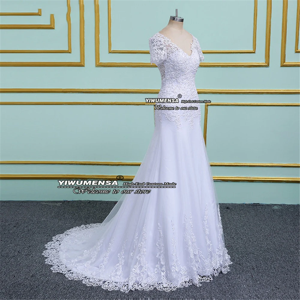 White Mermaid Wedding Dresses Short Sleeves Pearls Backless Women Marriage Bridal Gowns Plus Size Vestidos De Novias Real Photo