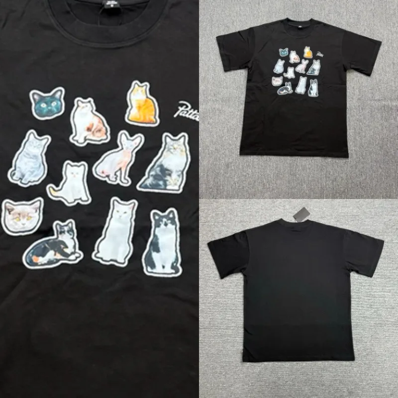 PATTA Streetwear Cat Family Print T Shirt Black Crew Neck Short Sleeve Top