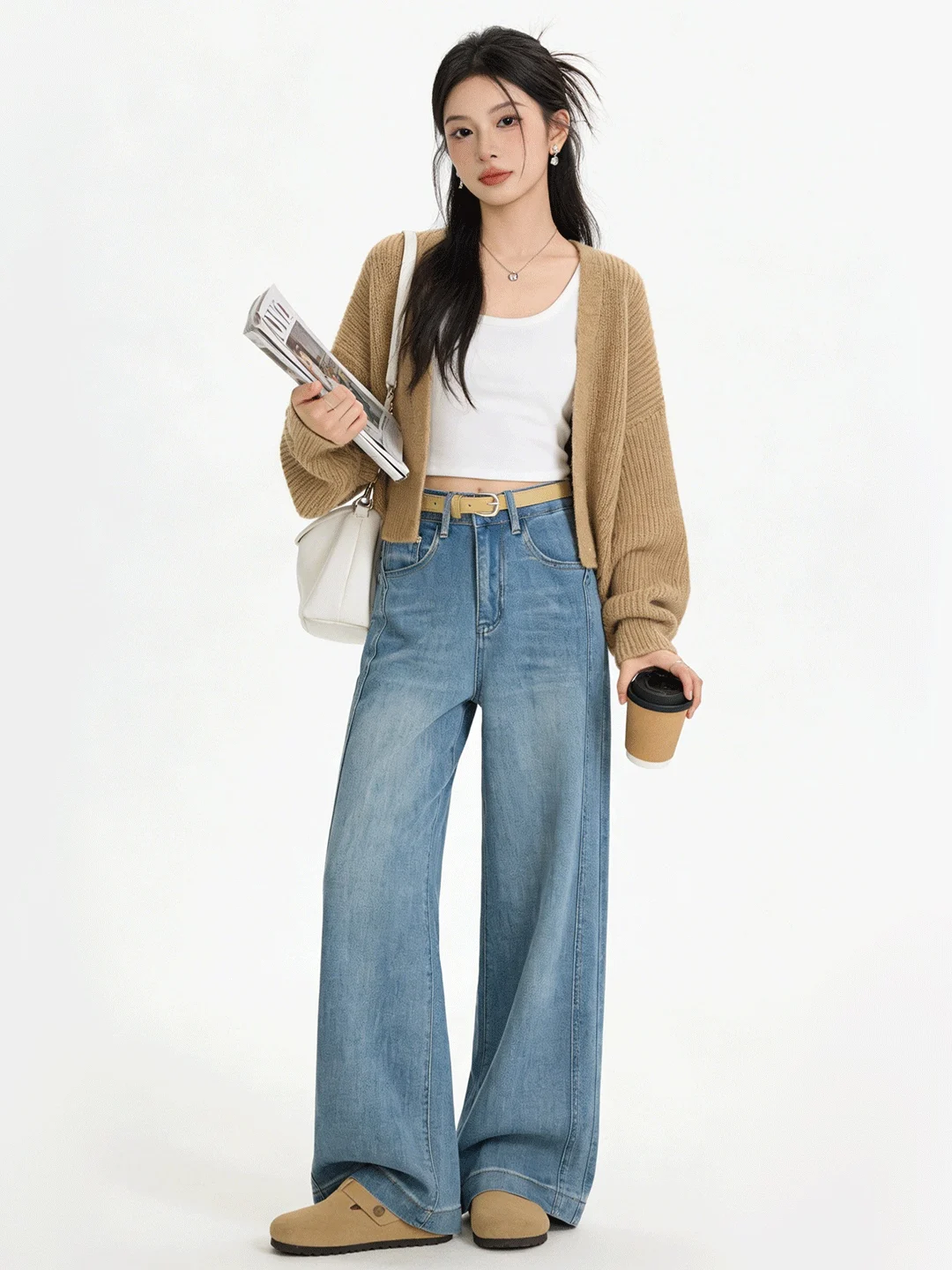 

Джинсы с высокой талией и широкими штанинами, свободные, стройнящие, светло-голубые, в корейском стиле, весенние, новые, универсальные, струящиеся, длиной 7/8, из денима