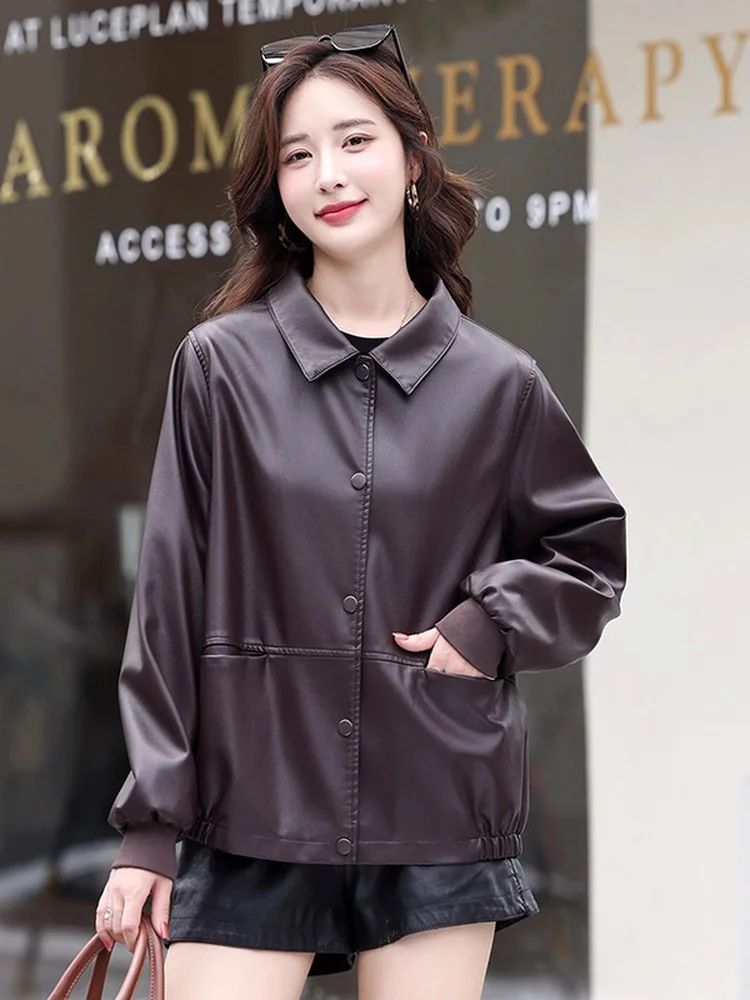 New Women Loose Split Leather Jacket Spring Autumn Fashion Turn-down Collar Long Sleeve Casual Leather Coat Basic Jacket Female