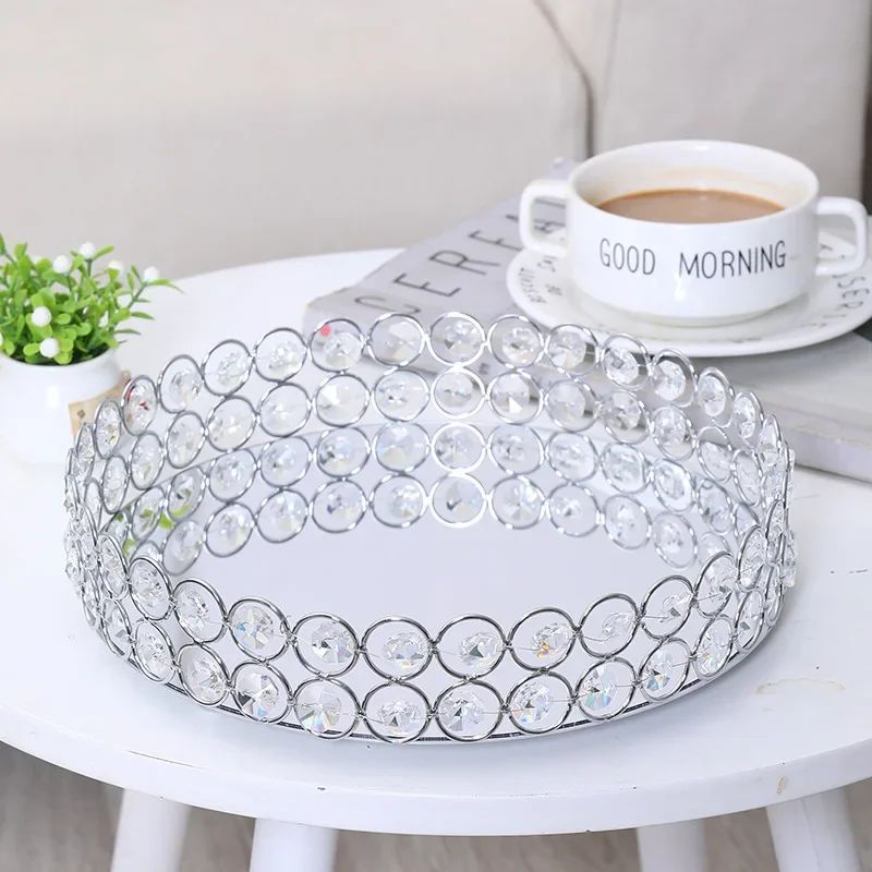 Crystal Decoratiive Mirror Tray Round Plate Luxury Serving Tray Table Metal Makeup Storage Dishes Wedding Trinket Decoration