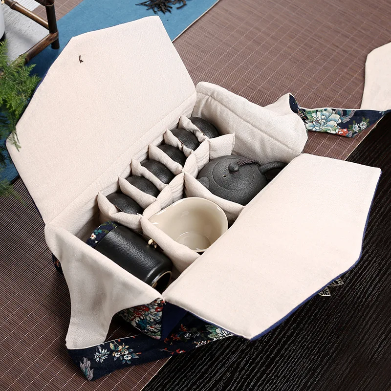 Cotton and Linen Tea Set Cloth Bag Teapot Teacup Folding Storage Bag Portable Travel Tote Organizer Outdoor