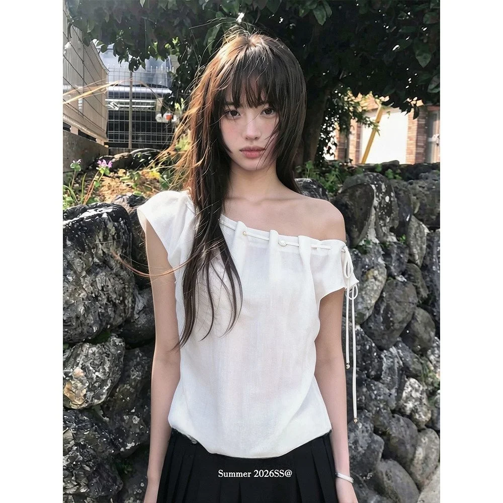 Short Sleeve T-Shirt Women's New Korean Style Spicy Girl Diagonal Shoulder Drawstring Unique Design Pure Color Top