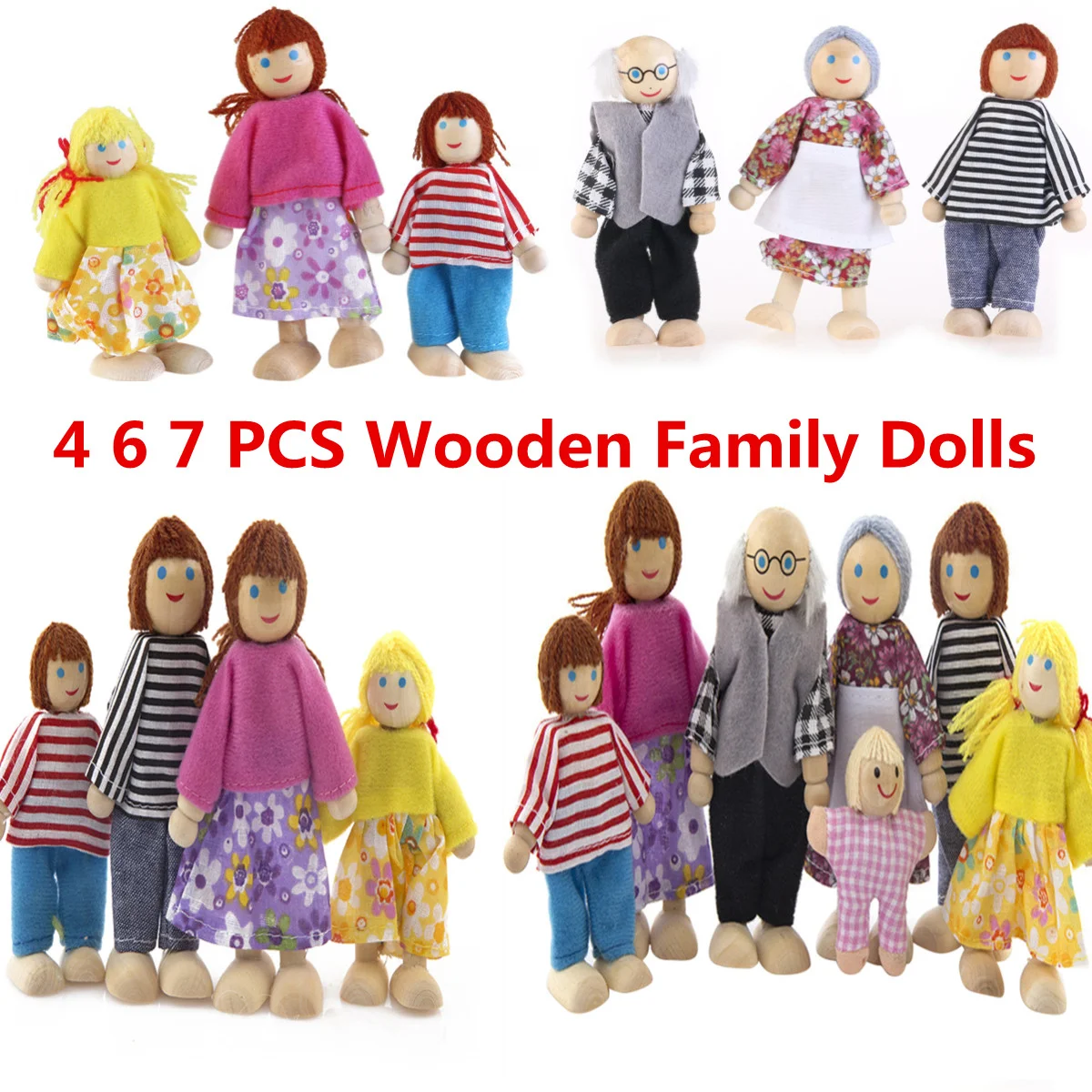 4 Pcs Play House Ornament The Marionettes Wooden Toys Puppets Family Member Dolls