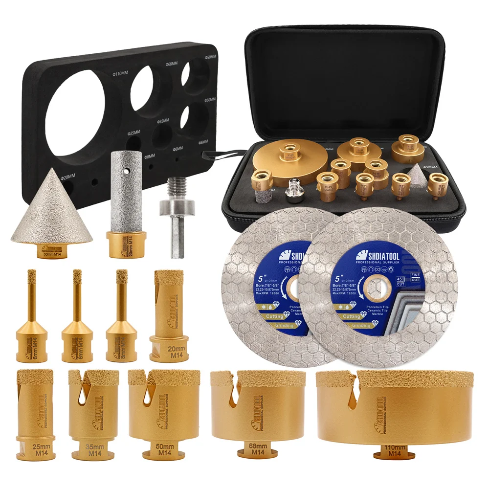 SHDIATOOL 14-delige diamantboorbits Dia6-110mm boorkopsets + 50mm afschuining + frees + 125mm snijschijf M14 tegelgereedschap