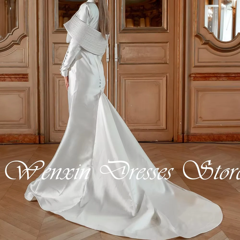 

Customized Formal White Satin Buttons Evening Dresses Elegant For Wedding Sheath Sweep Train Strapless Floor Length Long