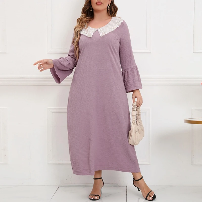 

Tinaa Peter Pan Collar Plus Size Dresses 2025 Spring Autumn Patchwork Sequins Embroidery Lace Loose Fit Midi Dress with Belt