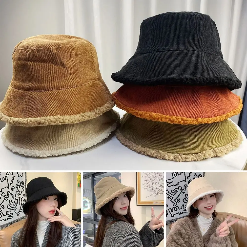 Winter Corduroy Bucket Hat Warm Double Sided Panama Hat Soft Casual Sun Cap Men Women