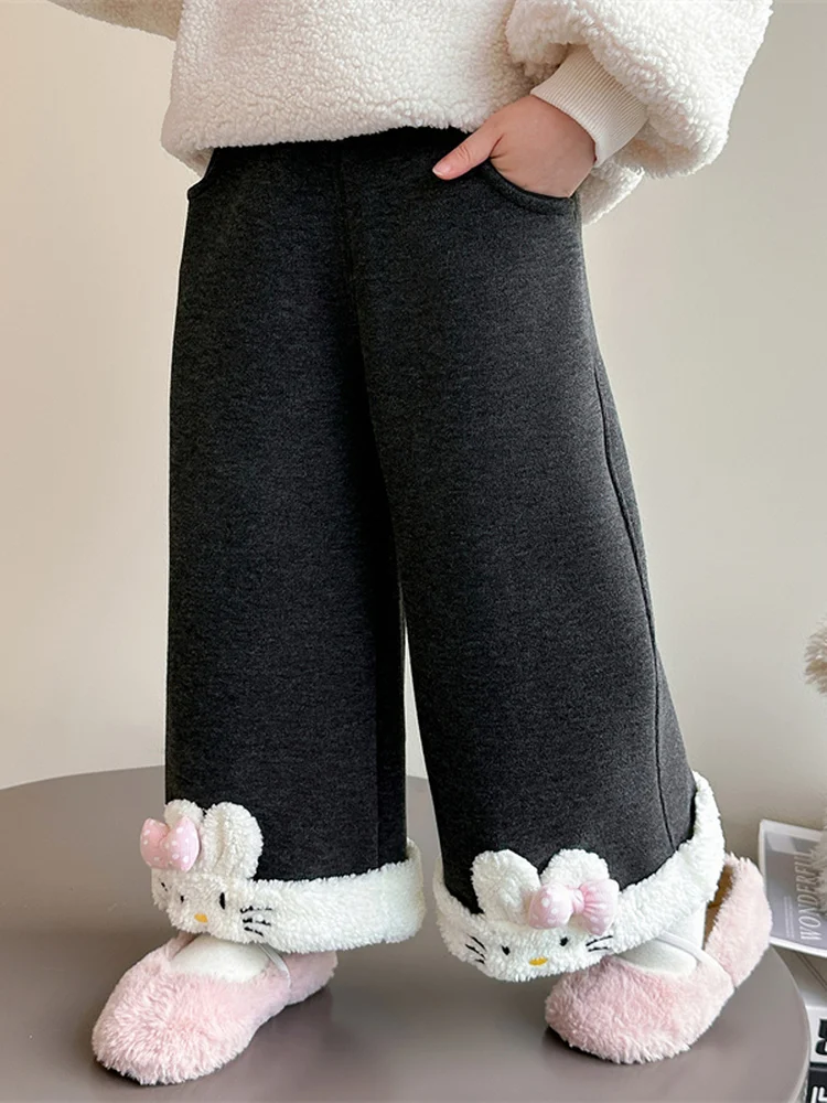 กางเกงขายาวเด็กผู้หญิง ลายพิมพ์น่ารัก เอวสูง ผ้าหนา อุ่น ใส่สบาย ทรงตรง ปลายขาจั๊มพ์