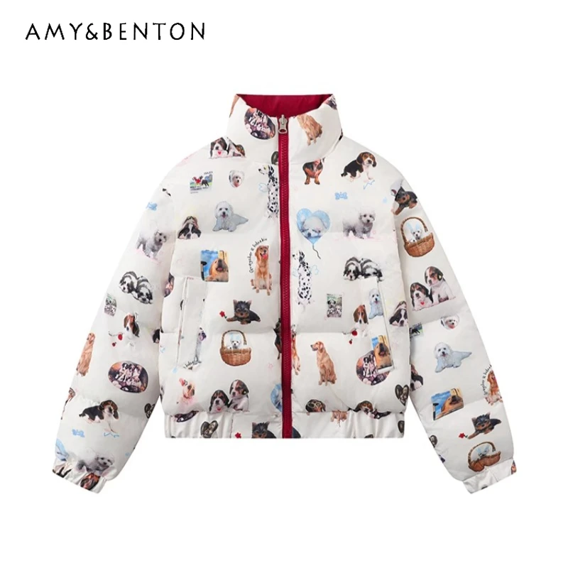 2024 Winter New American Fun Cartoon Animal Double-sided Cute Wind Short Cotton Jacket For Female