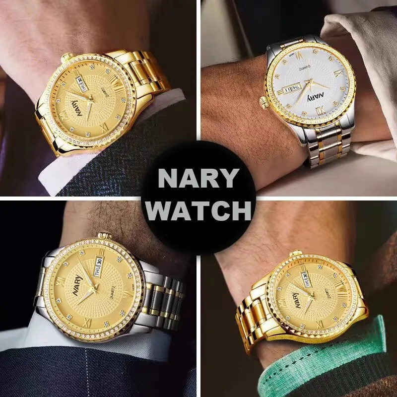 NARY Brand Luxury Original Watch for Men Gold Stainless Steel Strap Waterproof Diamond Classic Quartz Wristwatch with Date Dial