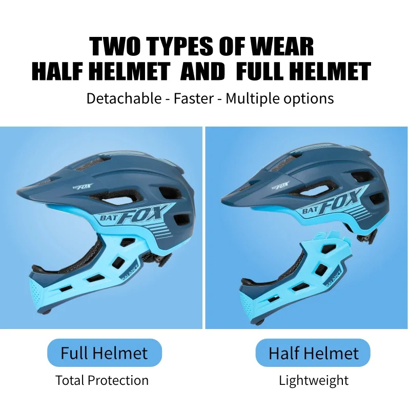 Batfox capacete facial completo crianças destacável segurança ciclismo bicicleta skate patinação scooter joelheiras conjunto crianças capacetes de bicicleta