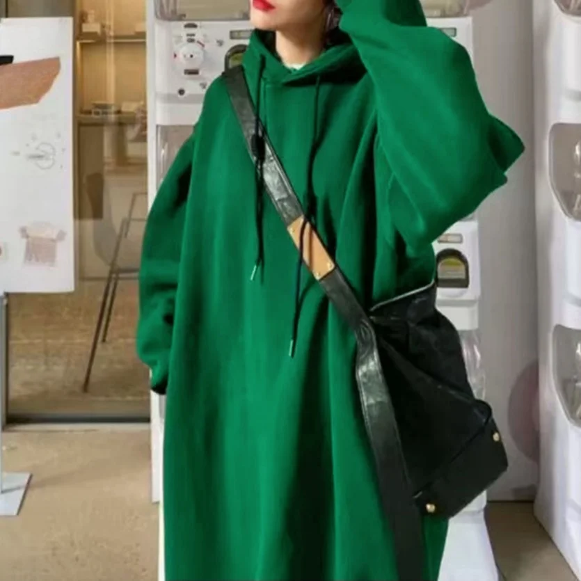 Plus Size Hooded Loose Long Hoodie Thick Fleece Sweatshirts Coat Winter Midi Dress Warm Women's Oversize Jacket Casual Outerwear