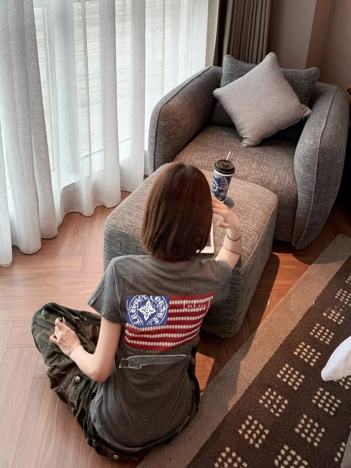 Limited Edition Star Spangled Banner Sanskrit Letter Print V Neck Short Sleeve Slim Fit Shoulder Length T Shirt for Women Cot...