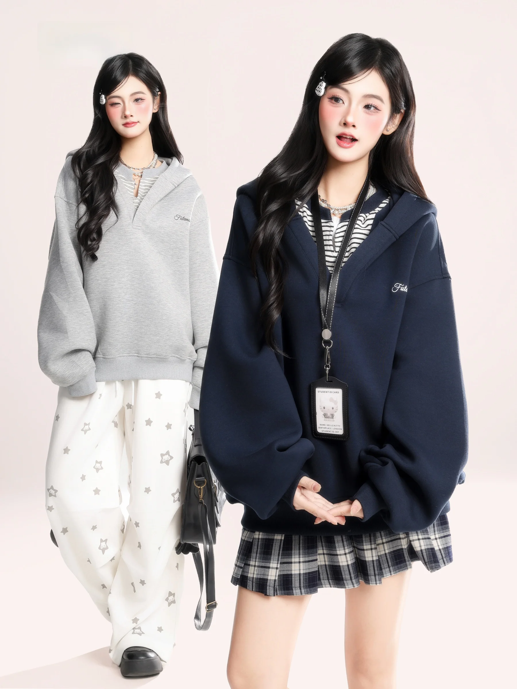 

HM American College Sle Hoodie Women's Loose Couple V-Ne Color Blo Spring New Faionable Long Sve Sweatirt
