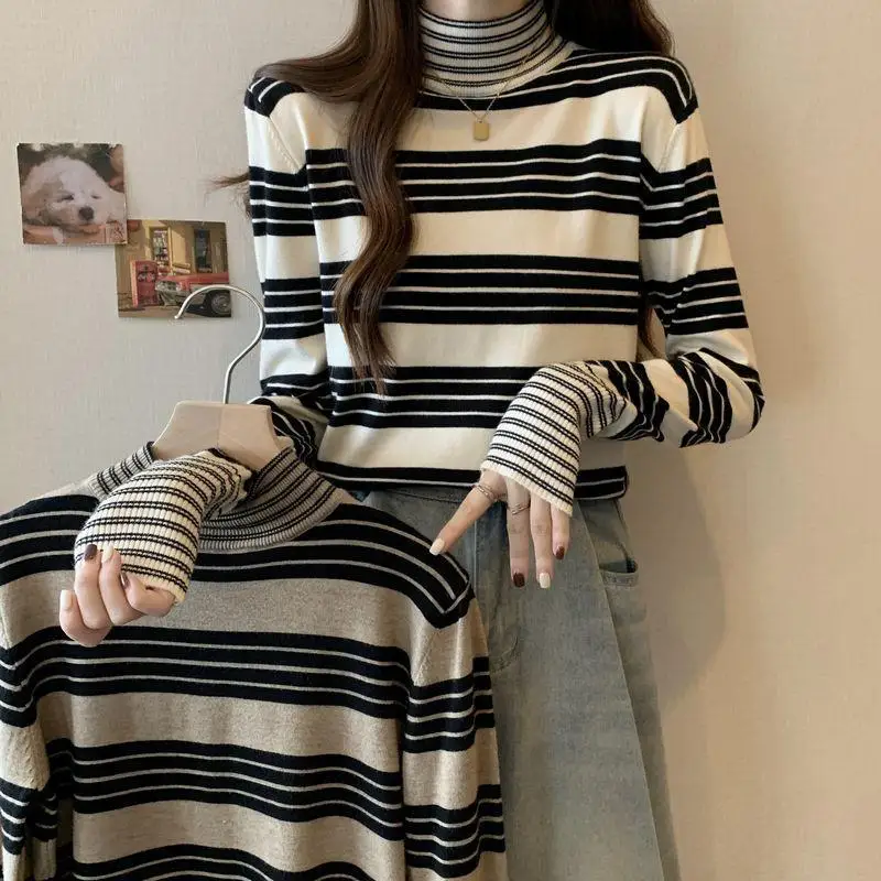 Women's Autumn Winter Fashionable Elegant High Necked Pullover Long Sleeved Striped Bottom Shirt Casual Versatile Commuting Tops