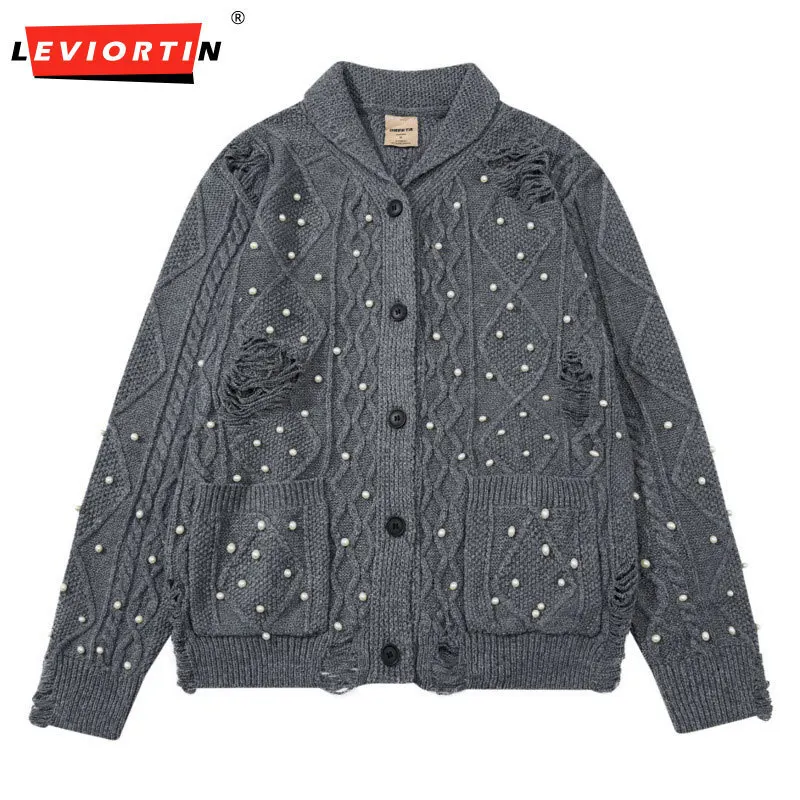 

Мужской осенне-зимний модный брендовый кардиган с дизайном из бисера и крючком, вязаный свитер с цветочной дыркой, нишевый свободный кардиган