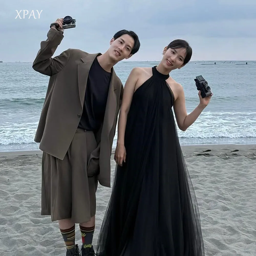 

XPAY Simple Halter Black Korea Evening Dresses Korea Photos shoot Prom Gowns Floor-Length Straight Backless Formal Party Dress