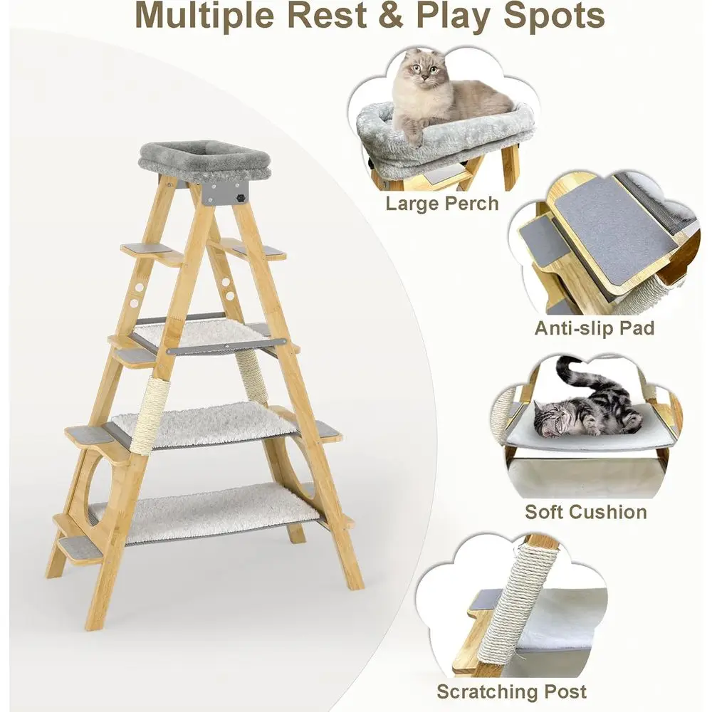 60인치 높이의 원목 캣타워, 해먹, 시잘 포스트, 간편한 청소 디자인