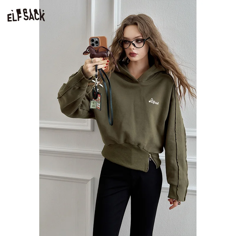 ELFSACK 2024 Autumn New Arrive Dark Red hooded sweatshirt for women, short top