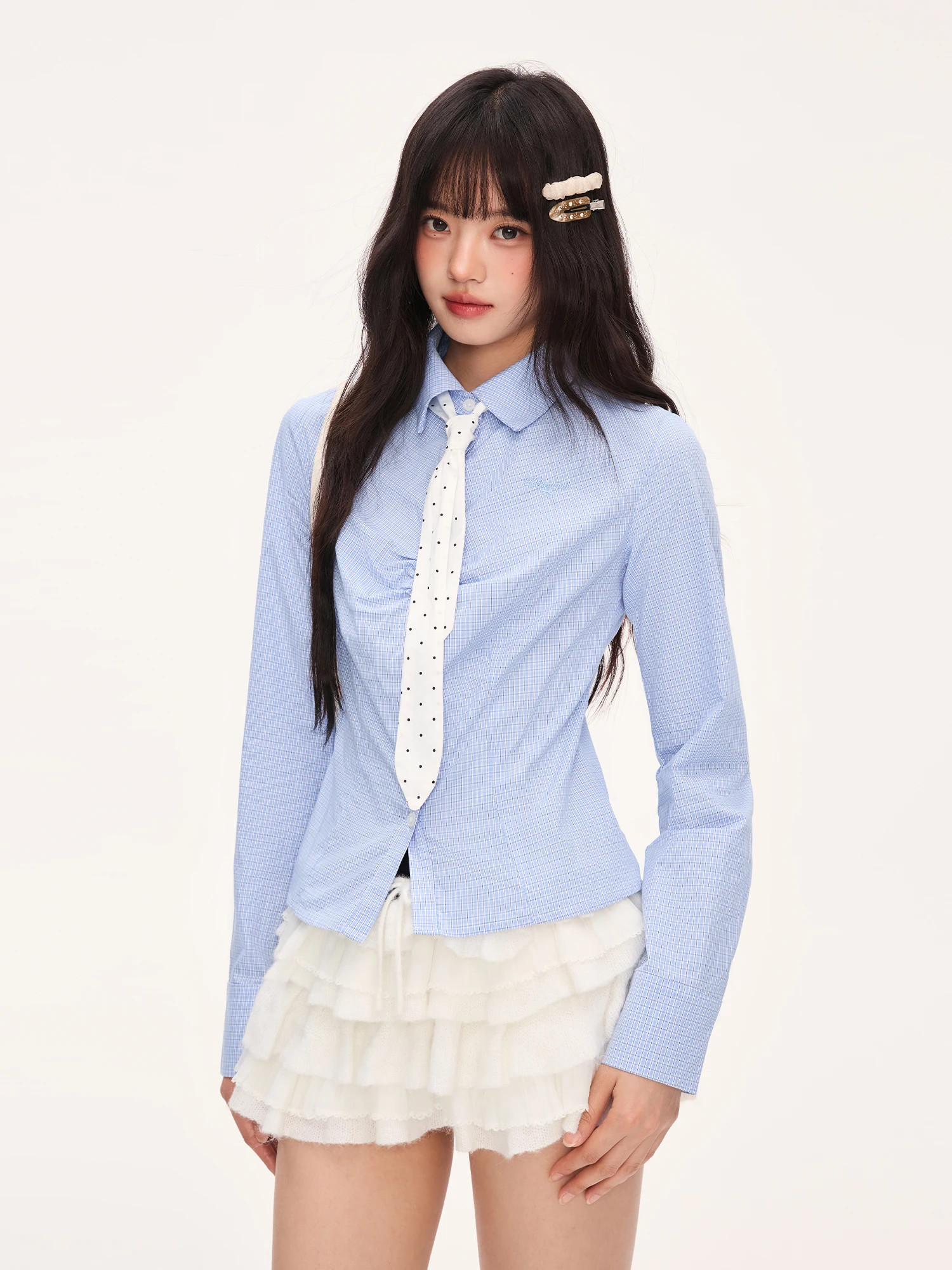 

Wedhub College Trend Cheered irt Women's Single Wear Color Colion Tie Dot irt Cotton Long Sve Turn-down Collar