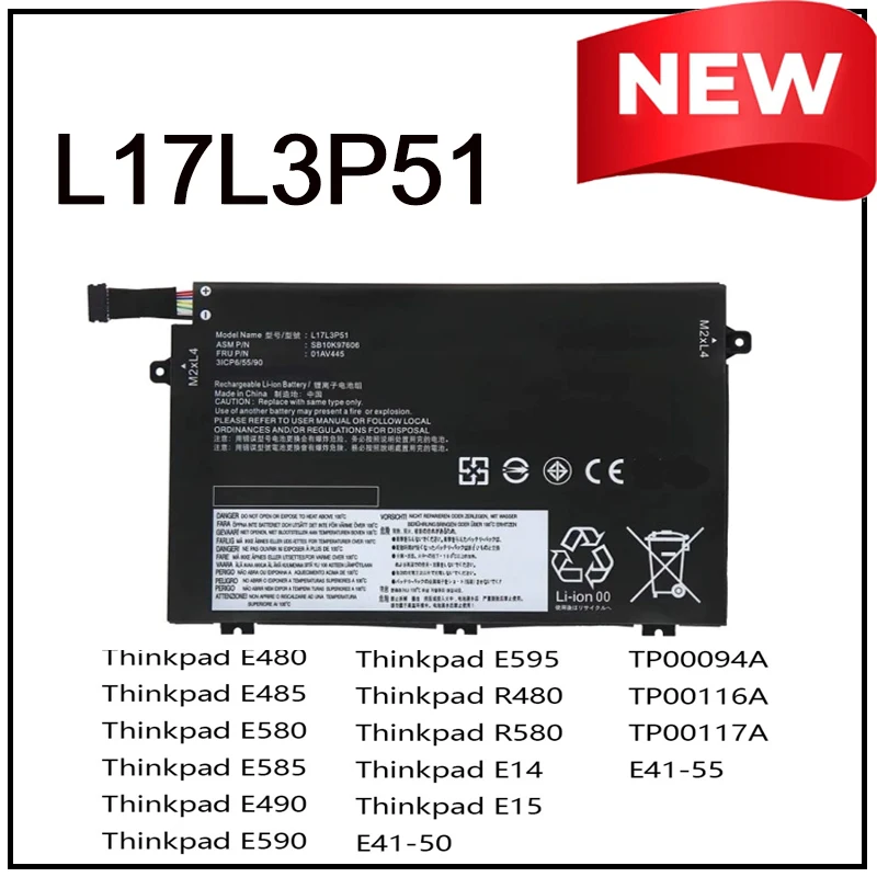 

Сменная литий-ионная батарея L17L3P51 для ноутбуков Lenovo ThinkPad серий E15/E480/E490/E495/E595/R480/R580, быстрая зарядка, SB10K79606
