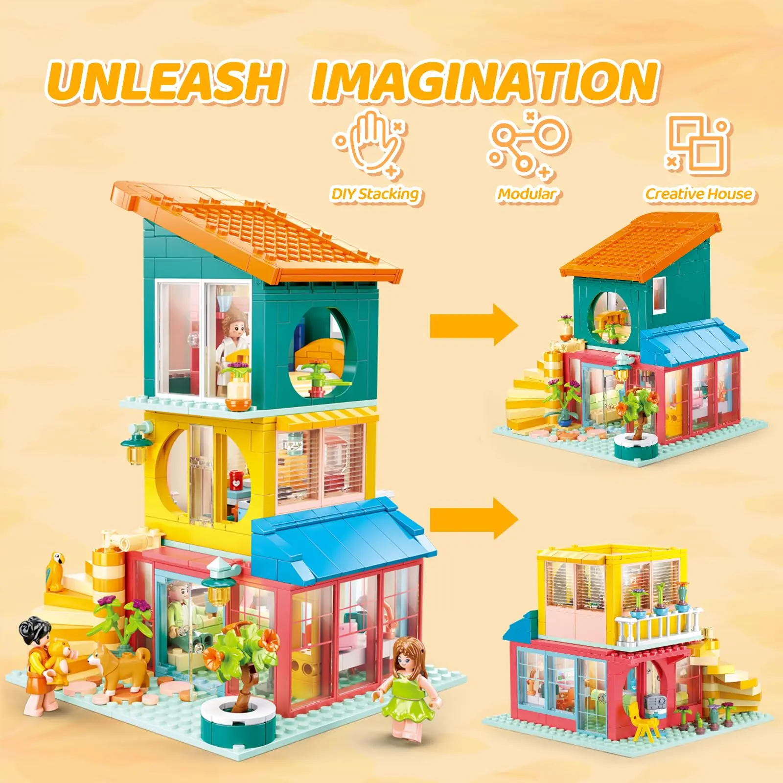 571 ELEMENTÓW Kolorowe Klocki do Budowania Domu Kuchnia Sypialnia Salon DIY Modułowe Zabawki do Układania Prezent dla Dzieci na Święta