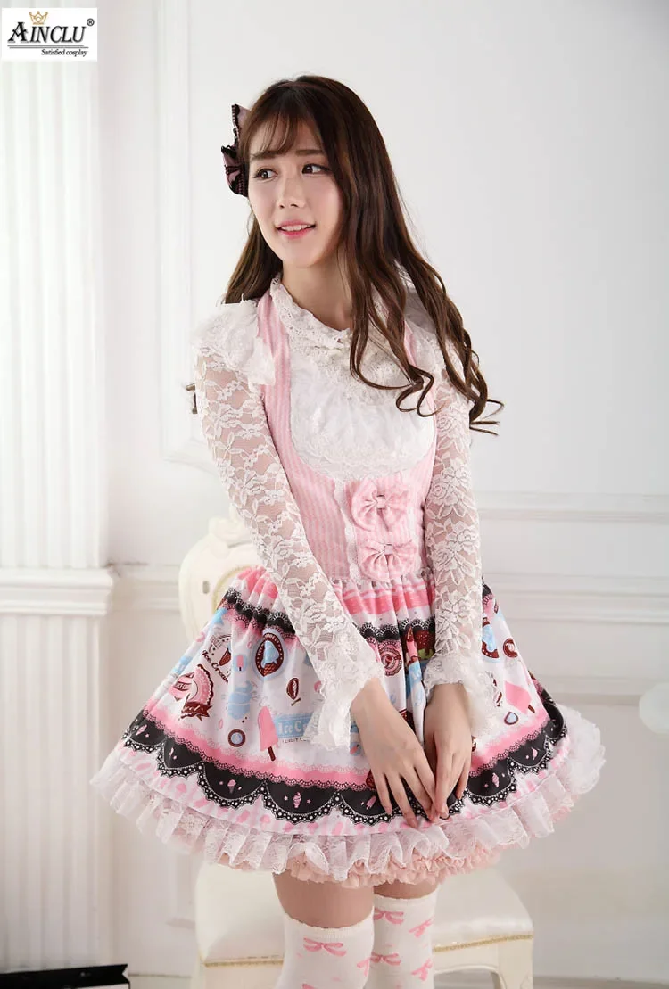 Ainclu Women's Pink Polyester Sweet Cute Strap Printing Princess Lolita Dress