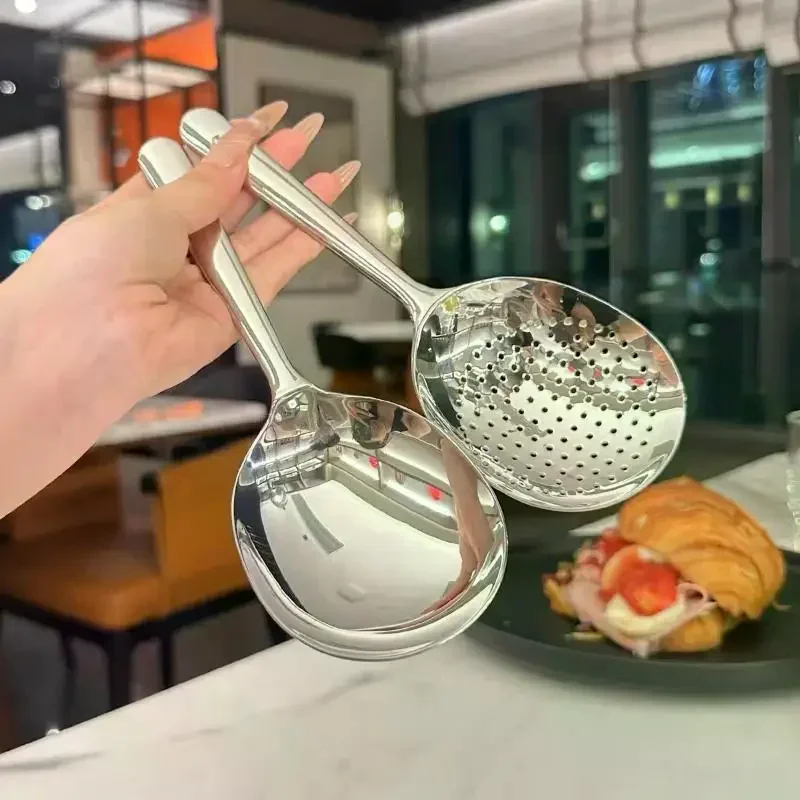 or 2 Pcs Heat Insulated Stainless Steel Ladles; For Serving Soup and Rice; Equipped with Drain Hole; Must-Have Kitchen Utensils
