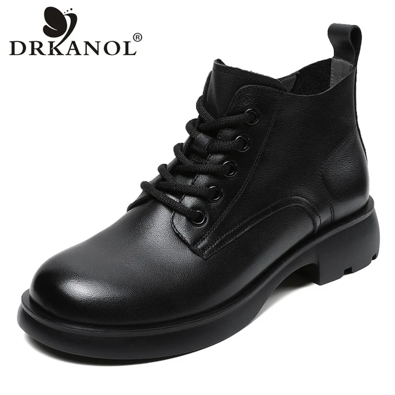 

DRKANOL British Style Women Boots High Quality Genuine Cow Leather Mid Thick Heel Round Toe Ankle Boots Women Winter Warm Shoes