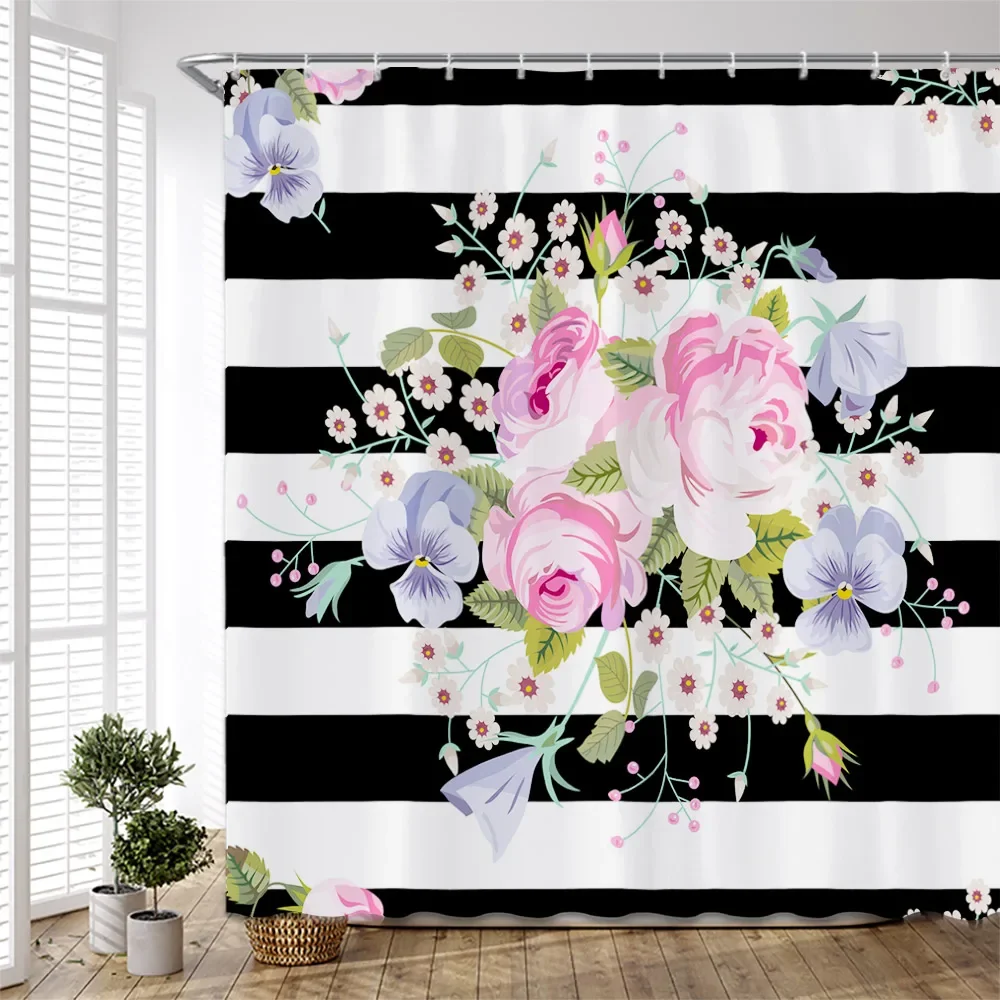 Black White Striped Floral Shower Curtains Set Natural Pink Flowers Peony Plants Polyester Fabric Bathroom Decoration with Hooks