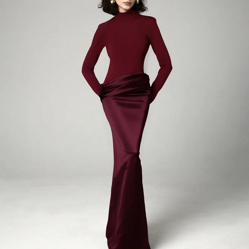 

Customized Round neck Turtleneck Sexy Hollow Out Zipper Women Maxi Dress Patchwork Long Sleeve Slim Elegant Party Evening Dress