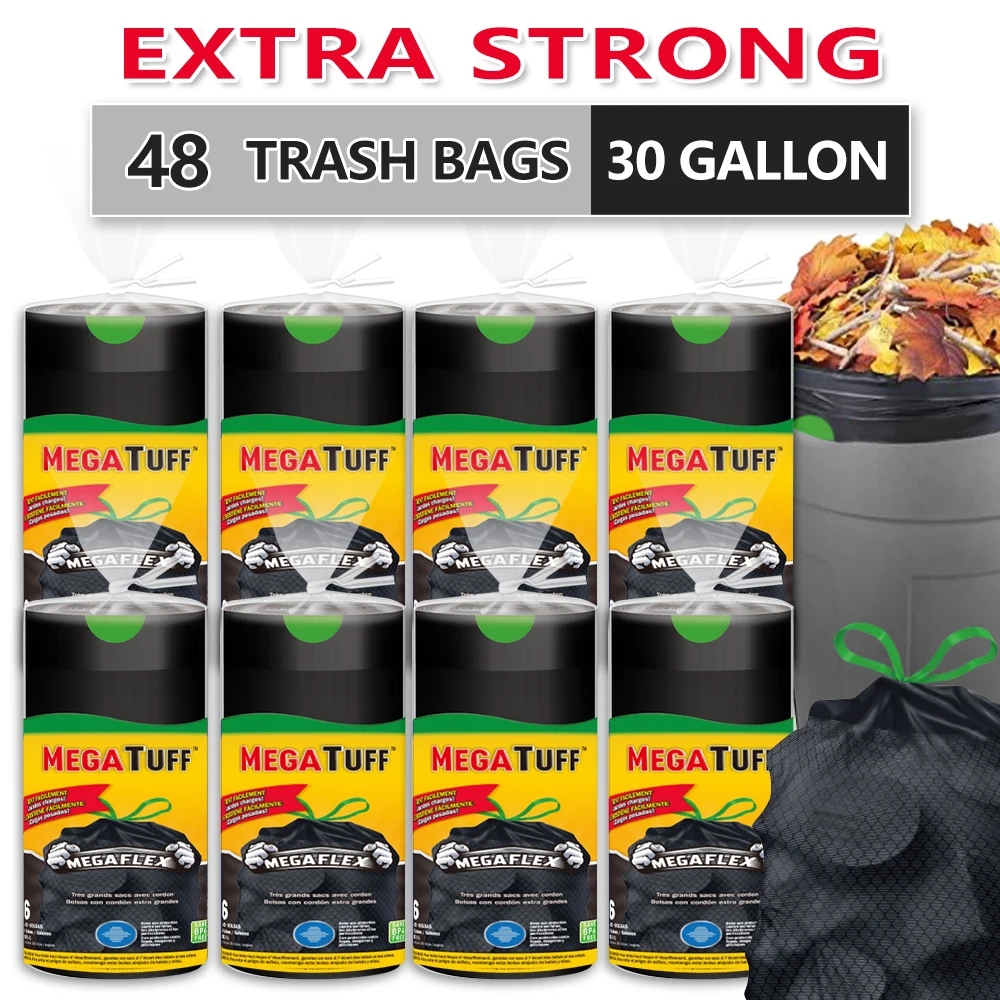 Xtratuff Large Drawstring Trash Bags for Lawn Leaf 30 Gallon Black Garbage Bags 48 Count Trash Bag for Construction Industrial