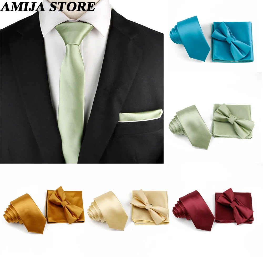 New Men's Solid Color Tie Sage Green Bowtie Pocket Square Brooch Set For Wedding Business Party Shirt Gift Daily Accessories