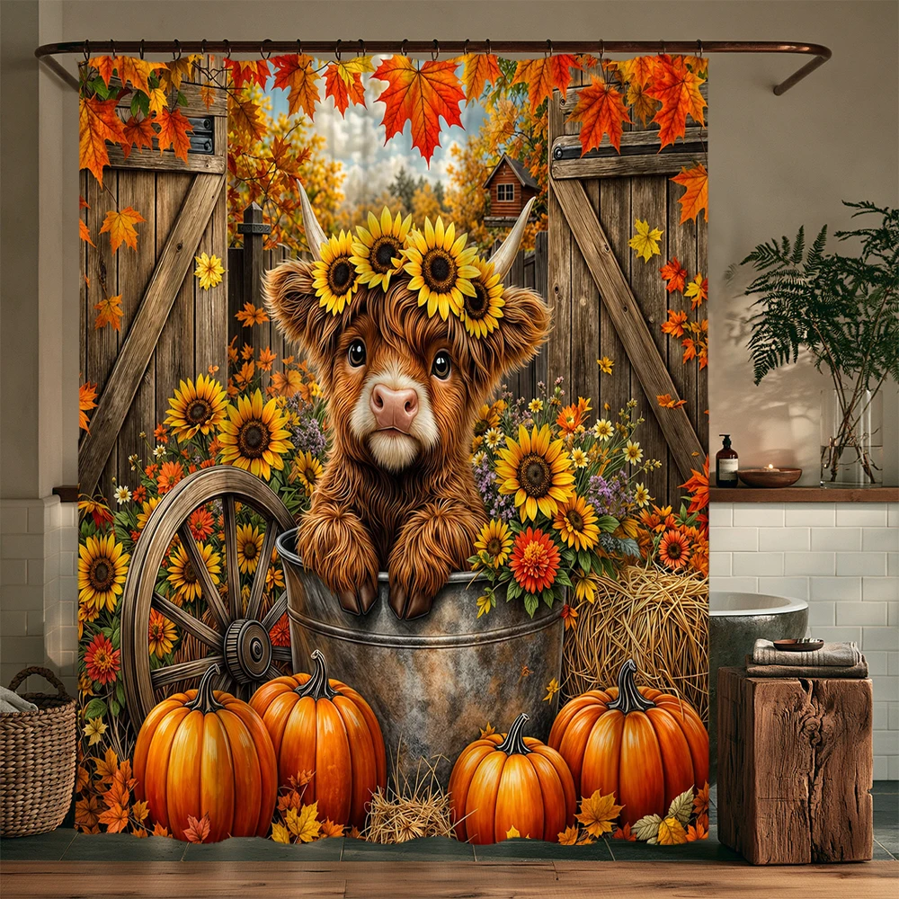 Funny Cow Shower Curtain Highland Cow Autumn Leaves Pumpkin Farmhouse Farm Animal Bull Cattle Cute Fun Rustic Bathroom Decor