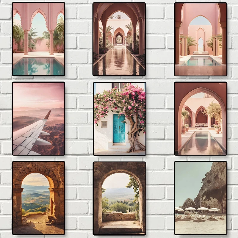 Pink Archway Pool Tuscany Hills Travel Landscape Posters and Prints Canvas Printing Wall Art Picture for Living Room Home Decor