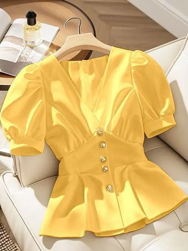 

Ele ort Sve irt Women's Faion Slim Fit Cotton V-Ne Button up Casual Workwear Sle Bubble Sve Trendy Top