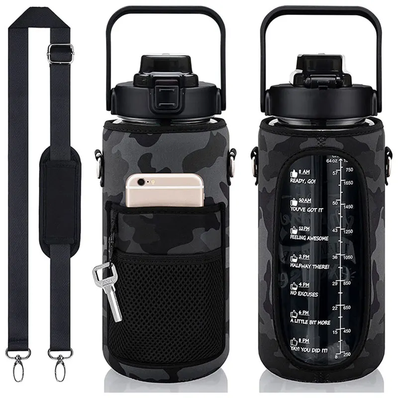 2L 64OZ Half Gallon Water Bottle with Sleeve Motivational Water Bottle with Straw & Time Marker Leakproof Sport Water Jug