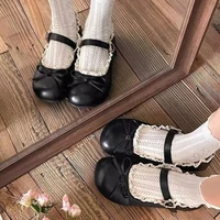 Chaussures plates Mary Jane pour femmes en dentelle à volants et nœuds, à bride unique et boucle, bout rond, style rétro doux, chaussures de ballet décontractées et habillées, noir beige 5