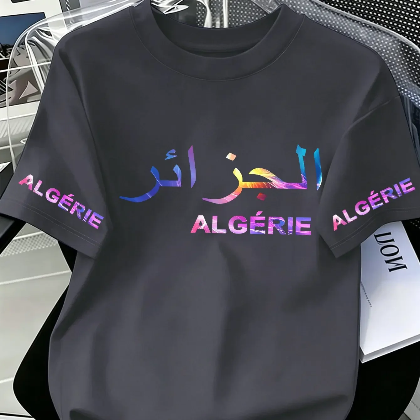 Men's 100% Cotton Algerian Arabic Script T-Shirt Summer Casual Short-Sleeve T-Shirt with National Pride Breathable Streetwear