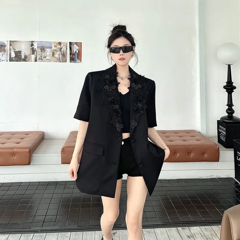 Unique Design Black Jacket Blazer Women 3D Floral New Summer Lace Patchwork Hollowed-out Back Short Sleeves Kawaii Streetwear
