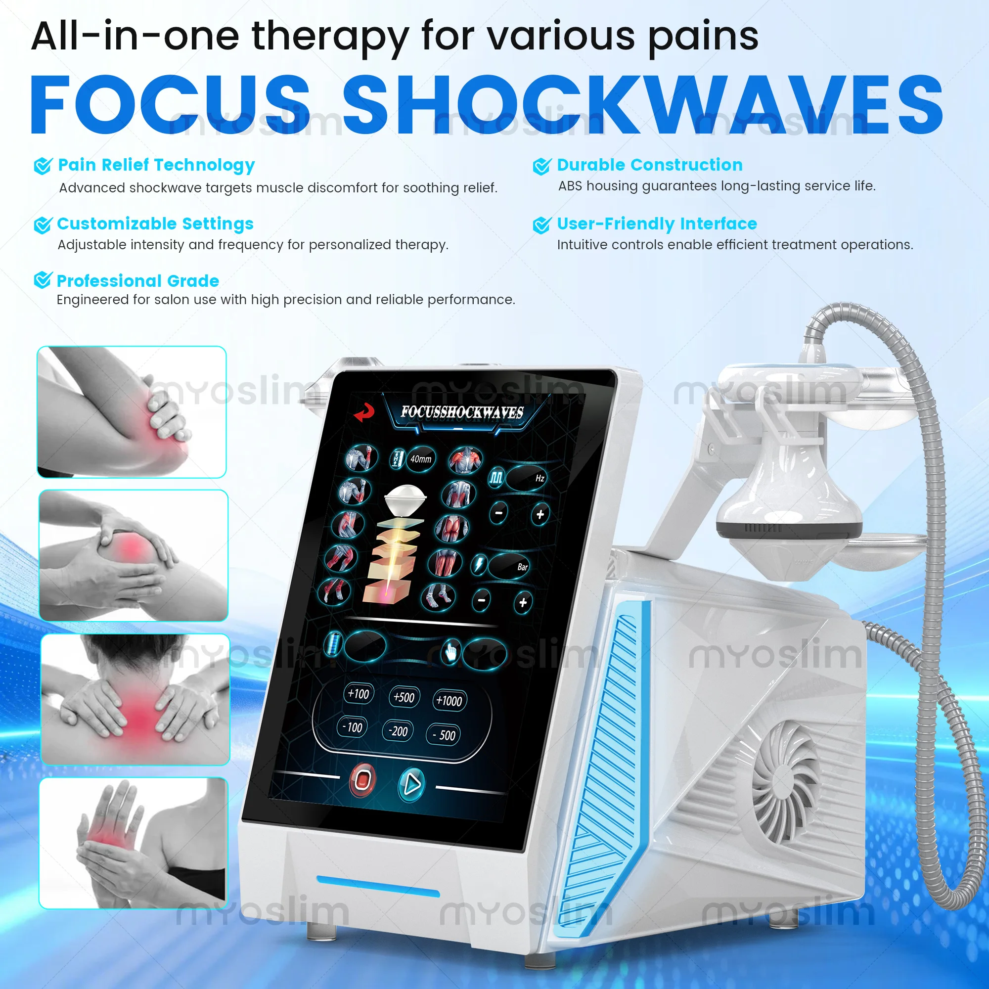 Appareil de thérapie par ondes de choc focalisées sur le bureau, écran tactile HD, fréquence réglable, régénération tissulaire, machine de rééducation physiologique